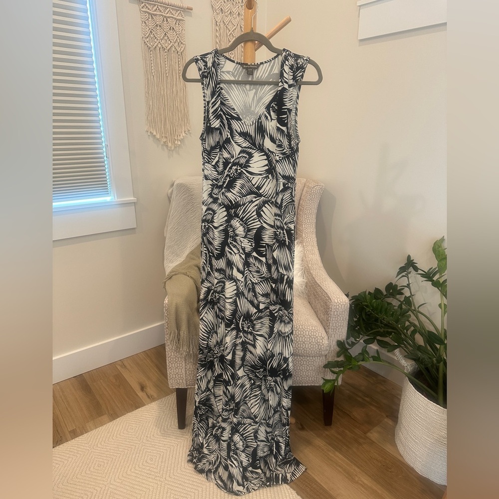 Tommy Bahama Black White Tropical Floral Sleeveless Maxi Dress M